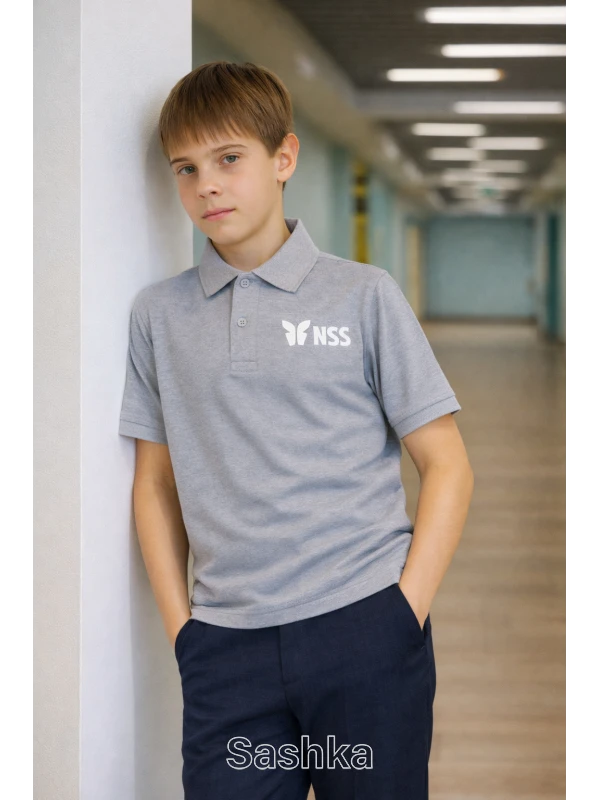 Поло для хлопчика  сіре з логотипом школи NSS, розмір 116-188